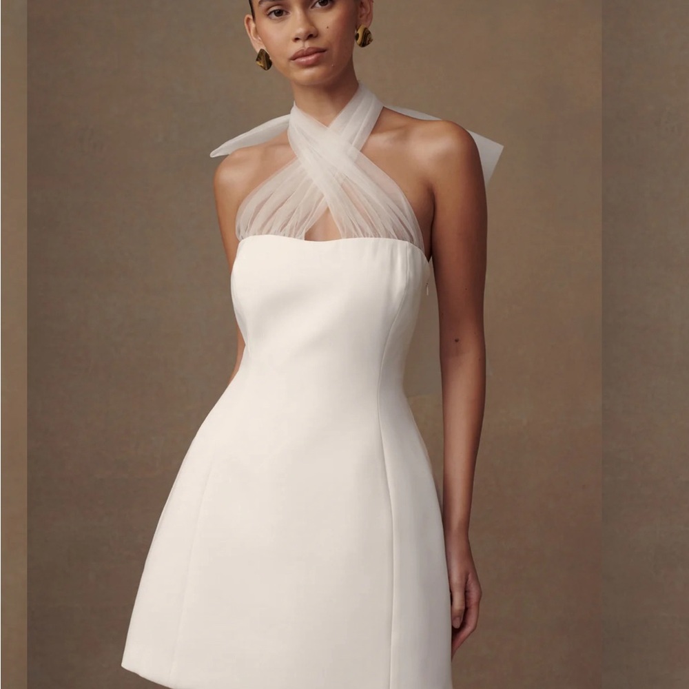 MESHKI Maryam Tulle Bow Mini Dress - White wedding reception dress